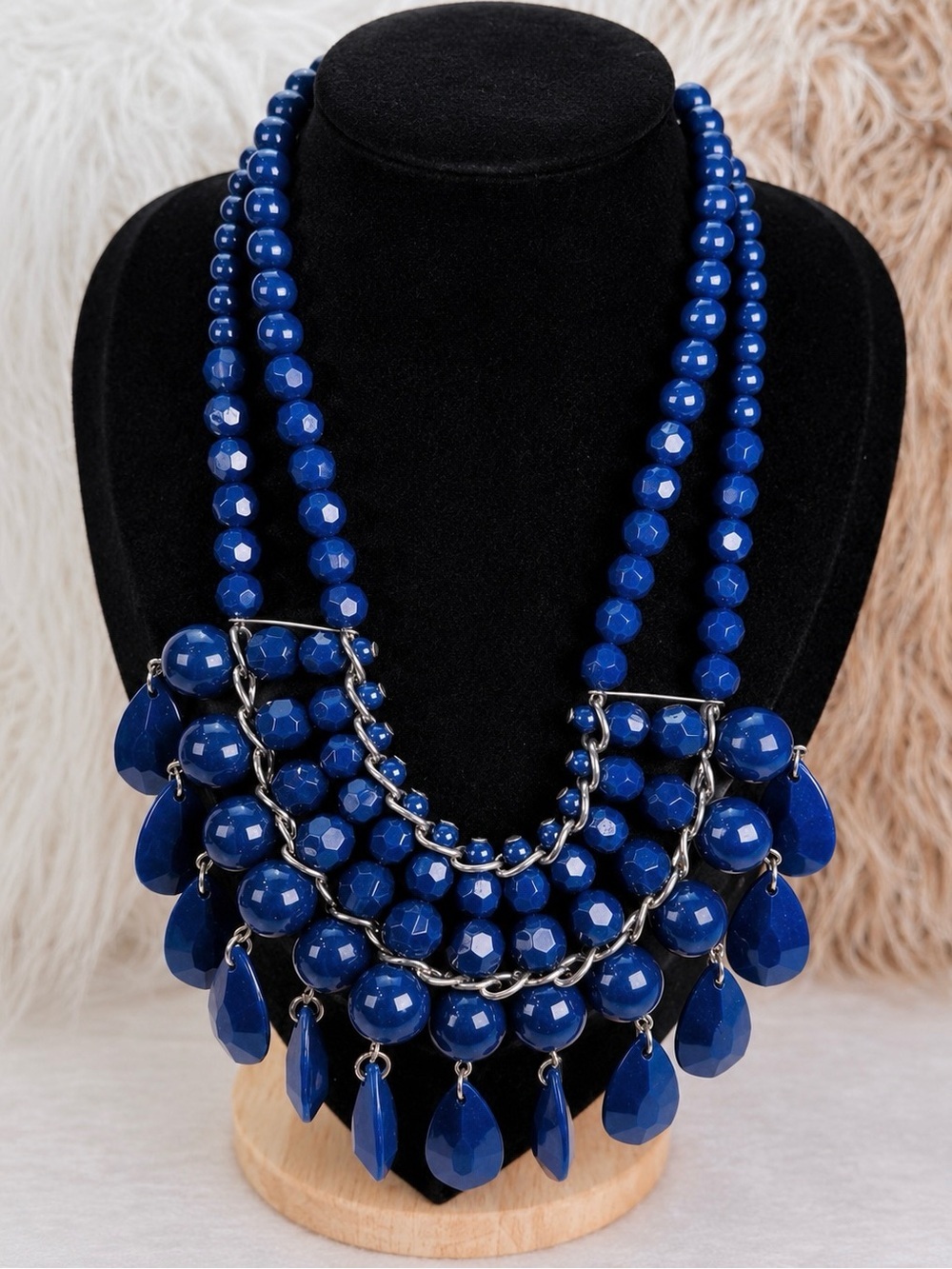 Elegant Vintage Blue Beaded Bib Statement Necklace